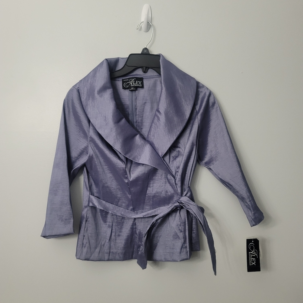 Alex Evenings Petite Size taffet Shawl V-Neck Collar 3/4 Sleeve Tie Waist Blouse - Picture 3 of 10